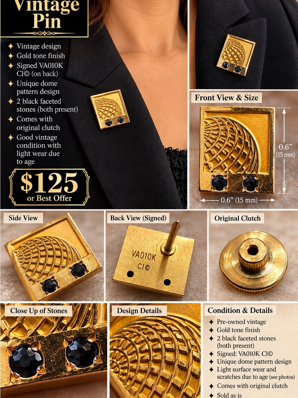 Vintage Gold-Tone Square Lapel Pin with Black Stones